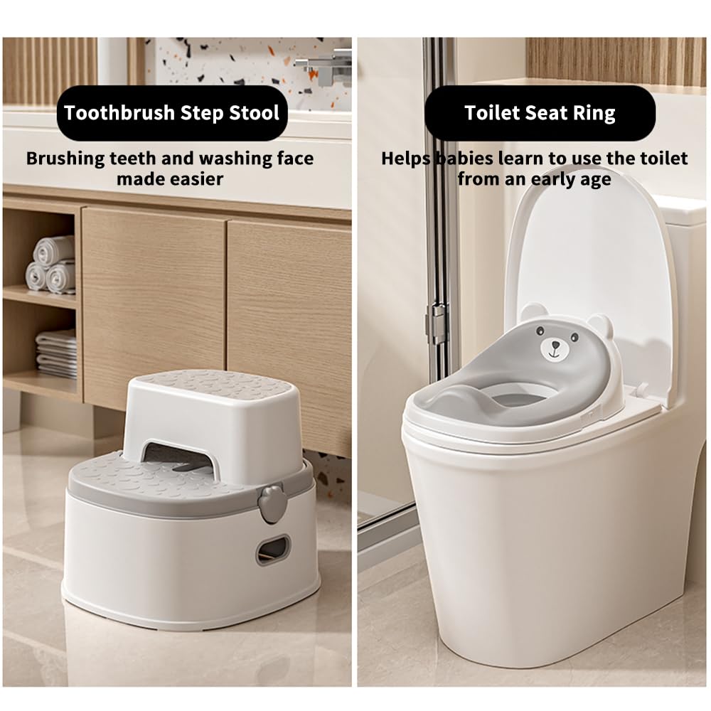 Töpfchentraining-Toilettensitz für Kleinkinder, multifunktionales tragbares Töpfchen mit Spritzschutz, verstaubares Design mit Fußhocker, minimalistischer schlanker Optik, leicht zu reinigen (Grau)