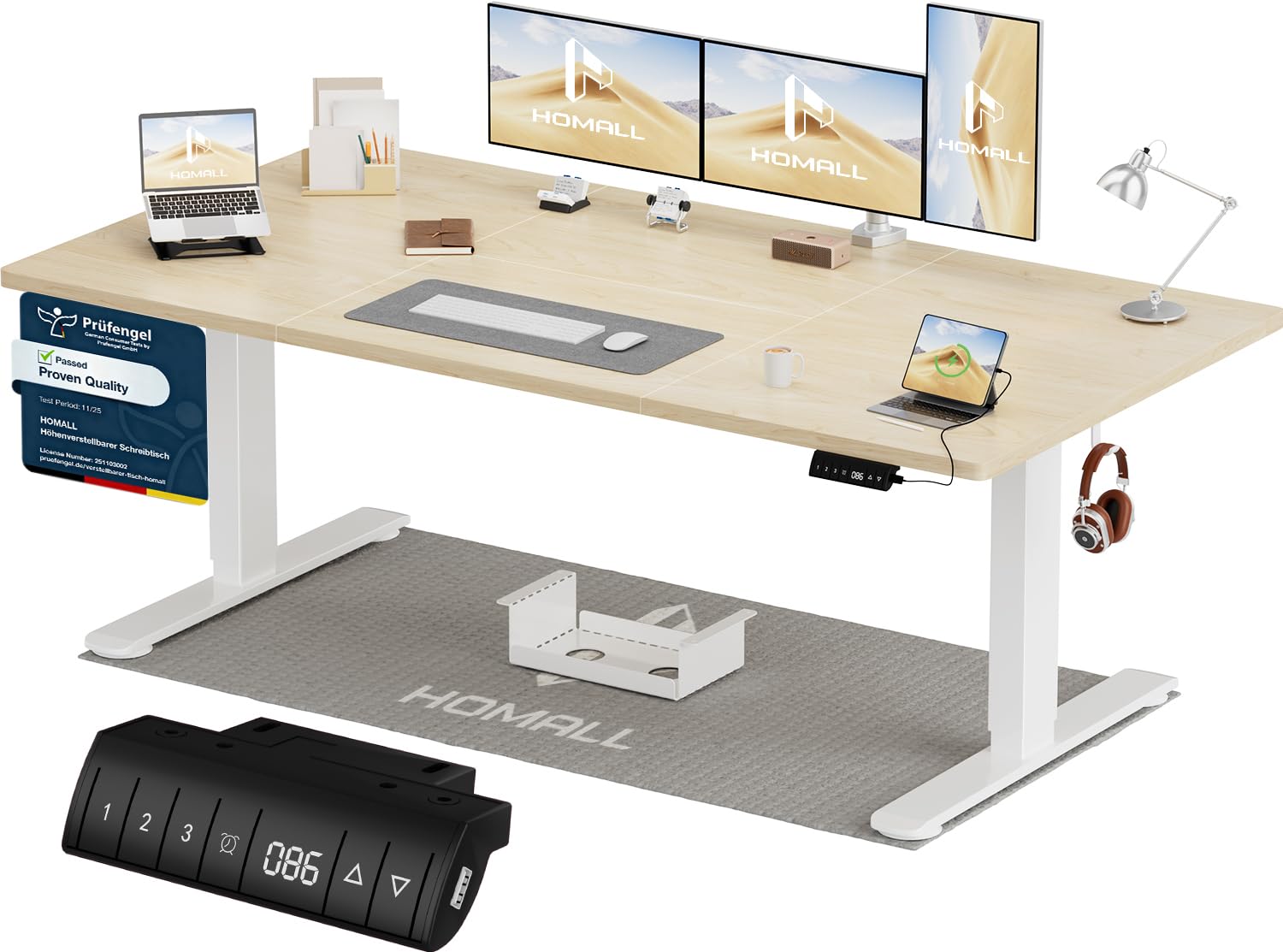 Homall Höhenverstellbarer Schreibtisch mit USB-A Ladeanschluss, Elektrischer Schreibtisch mit Kabel Management Tray, Standing Desk mit 3 Memory Funktion, Computertisch