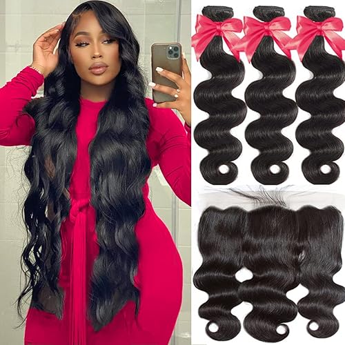 Miniatura 9 de Extensiones de cabello brasileño ondulado con frontal (22 24 26 28+20 frontal) 13 × 4 cierre frontal de encaje de oreja a oreja con 4 paquetes de