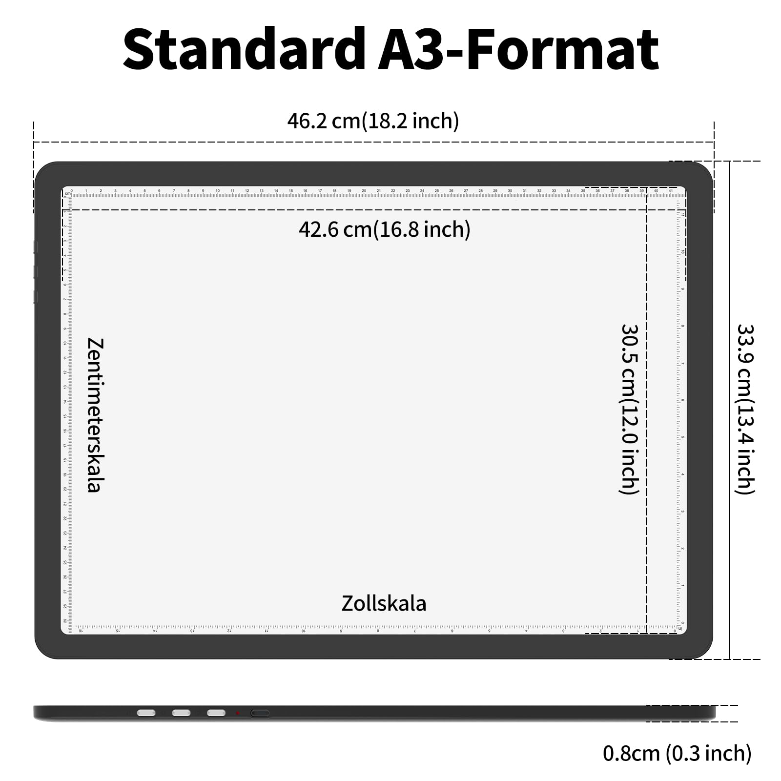 TOHETO A3 Leuchttisch für Diamantmalerei, Wiederaufladbares Ultraheller Leuchtkasten zum Zeichnen, Aufladbar LED Licht Pad zum Nachzeichnen, Kabelloses Lichtplatte Lichttafel zum Skizzieren (Schwarz)