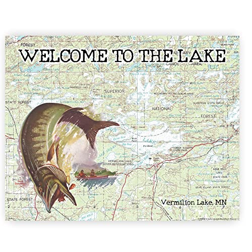 Inspirational Wall Art Co. - Vermilion Lake Minnesota - Muskie Vintage State Map Unique Gift Fisherman Bass Fishing Men Lures Fishing Quotes Posters - Print for Home Cabin Decor - 11X14 inches