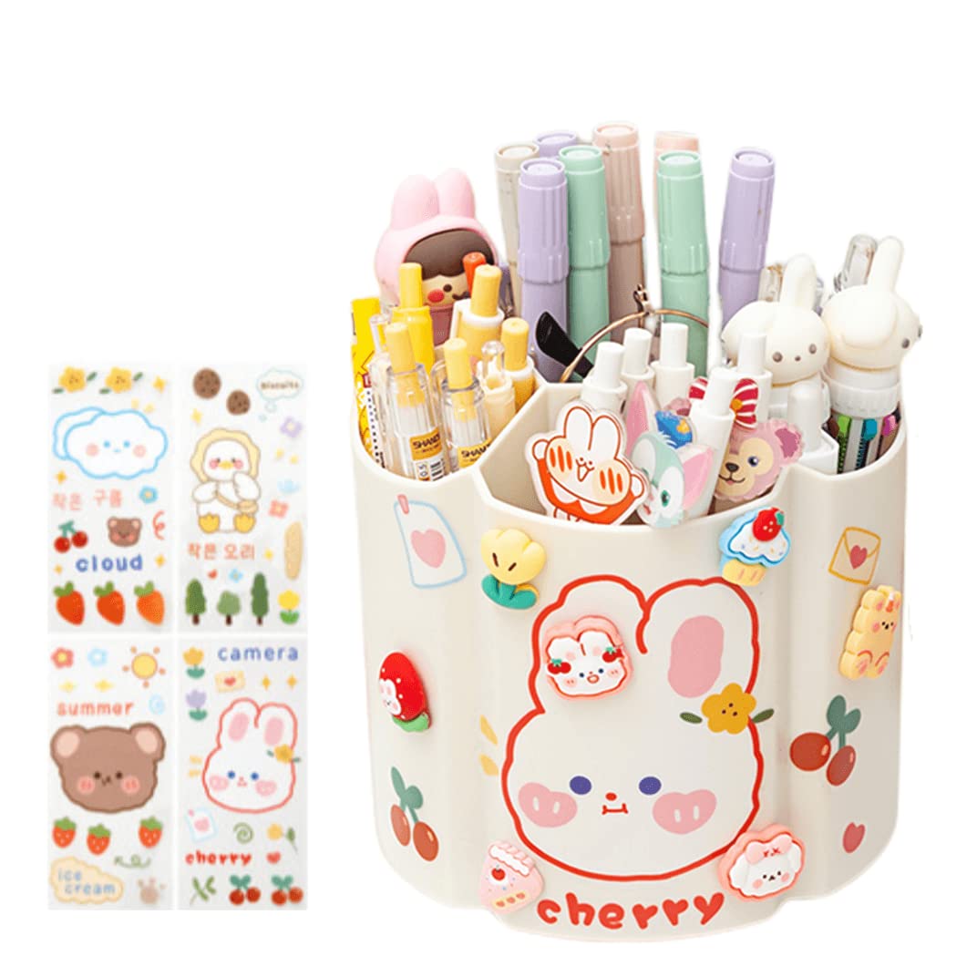 HIQUAYKawaii 360°rotating 6 grid pen holder for desk multifunctional container huge capability stationery organizer for kids home school office makeup brush storage (white)