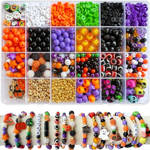1970Pcs Halloween Bracelet Kit Halloween Beads for Bracelets Jewelry Making Orange Black White Purple Polymer Clay Beads Pumpkin Evil Eye Skull Bead with Ghost Spider Charms for DIY Craft Earring