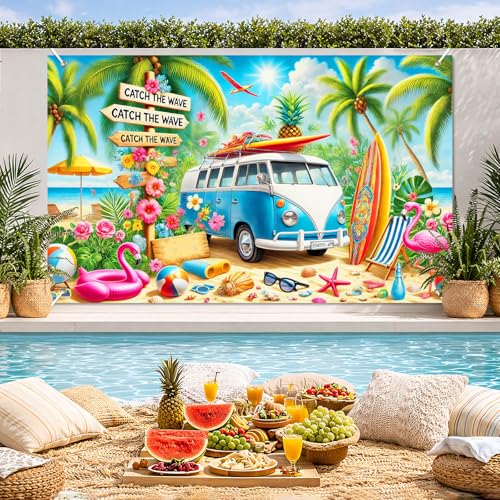 Image of BlissYard Summer Beach Party Decorations 71 x 43 Inch Hawaiian Tropical Surf Van Beach Party Banner Flamingo Palm Tree Photo Background Indoor Outdoor Summer Wall Decor