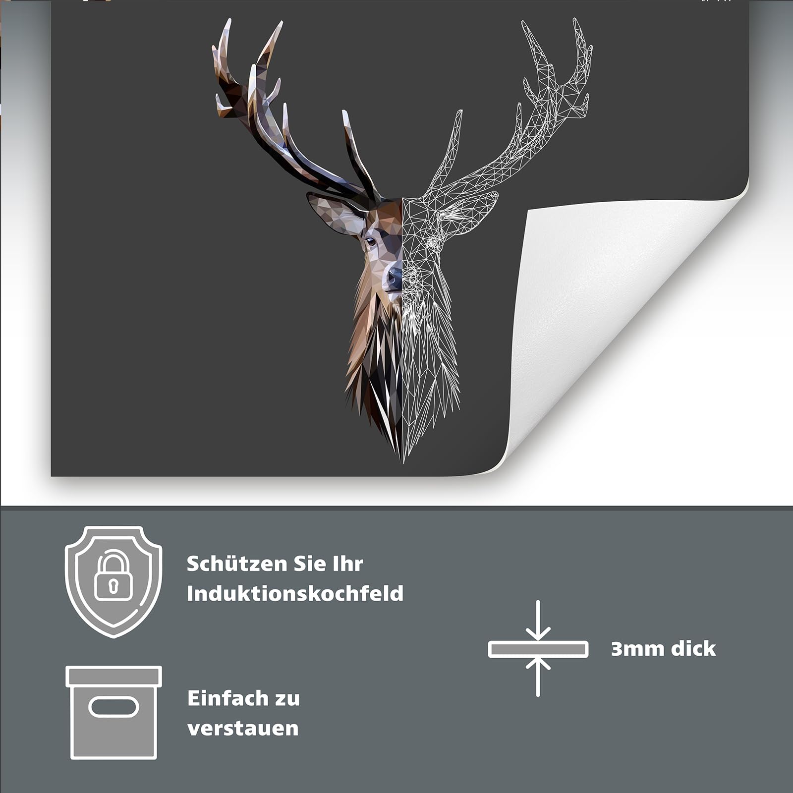 TMK ArtDeko Herdabdeckplatte Ceranfeld abdeckung Aufrollbare Matte für Induktion 1-teilig 90x52 cm, Hirsh Grau