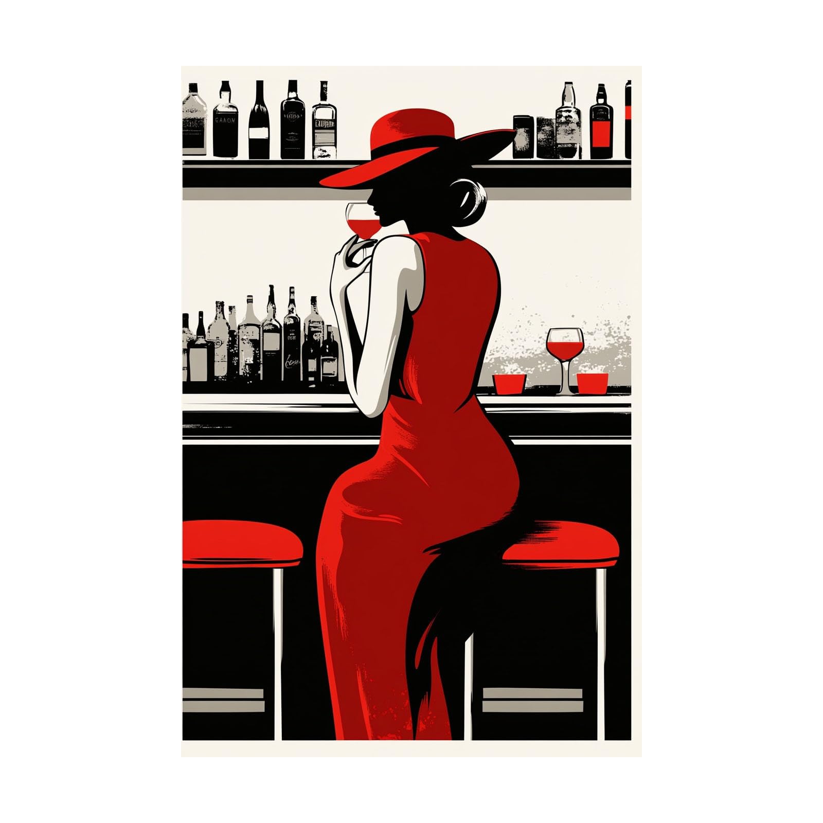 TERUEA Elegant Artwork for Girls Room Bedroom Wall Decor Woman in Red Dress Bar Print Vintage Humor Wall Poster for Bathroom Toilet Decor(Red)-80x120cm Unframed