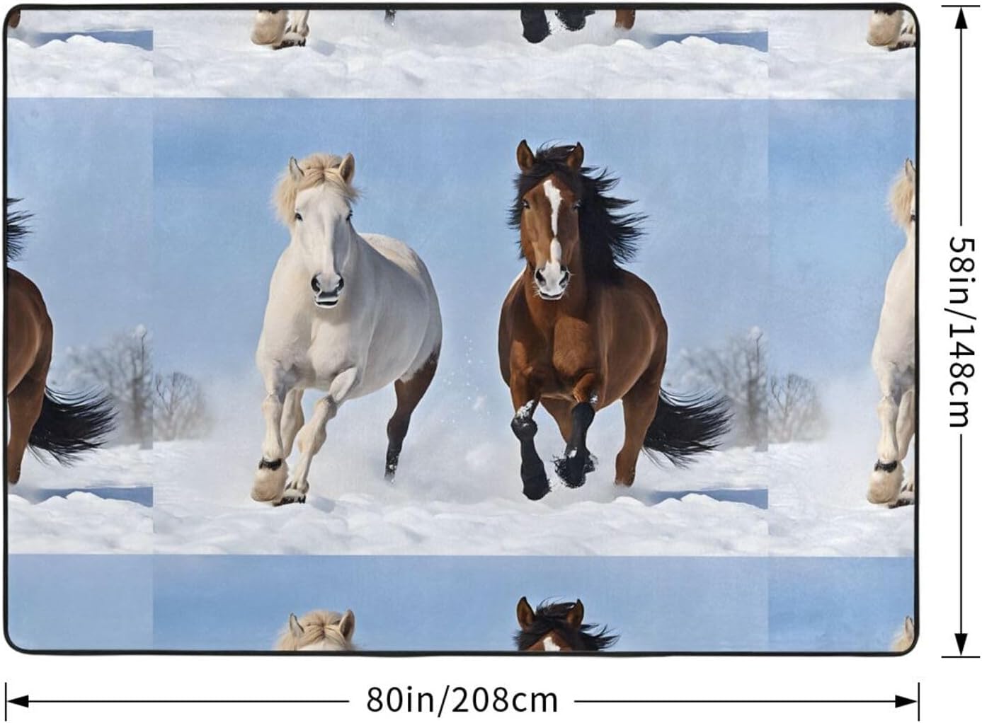 Flannel Non-Slip (Black and White Horses Running) Rug Pad 80×50in Soft Washable Protective for Hardwood Floors Bedroom Bathroom Living Room