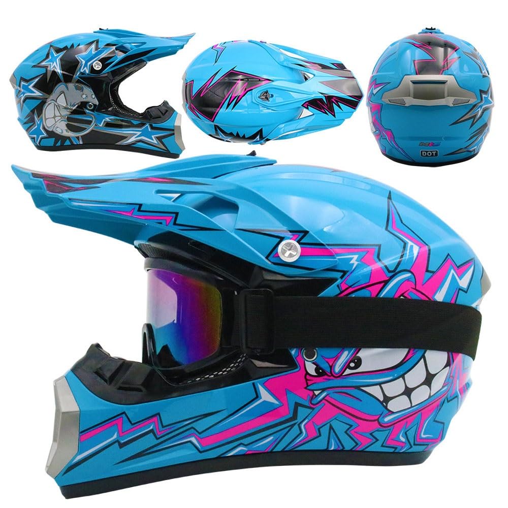 Casque de Moto, Casque de Motocross Pour Jeunes Enfants, Homologué DOT, Casque de Course Universel Quatre Saisons Avec Gants, Lunettes, Masque, Ensemble de 4 PièCes(126 Blue Moon,M(54-55cm))