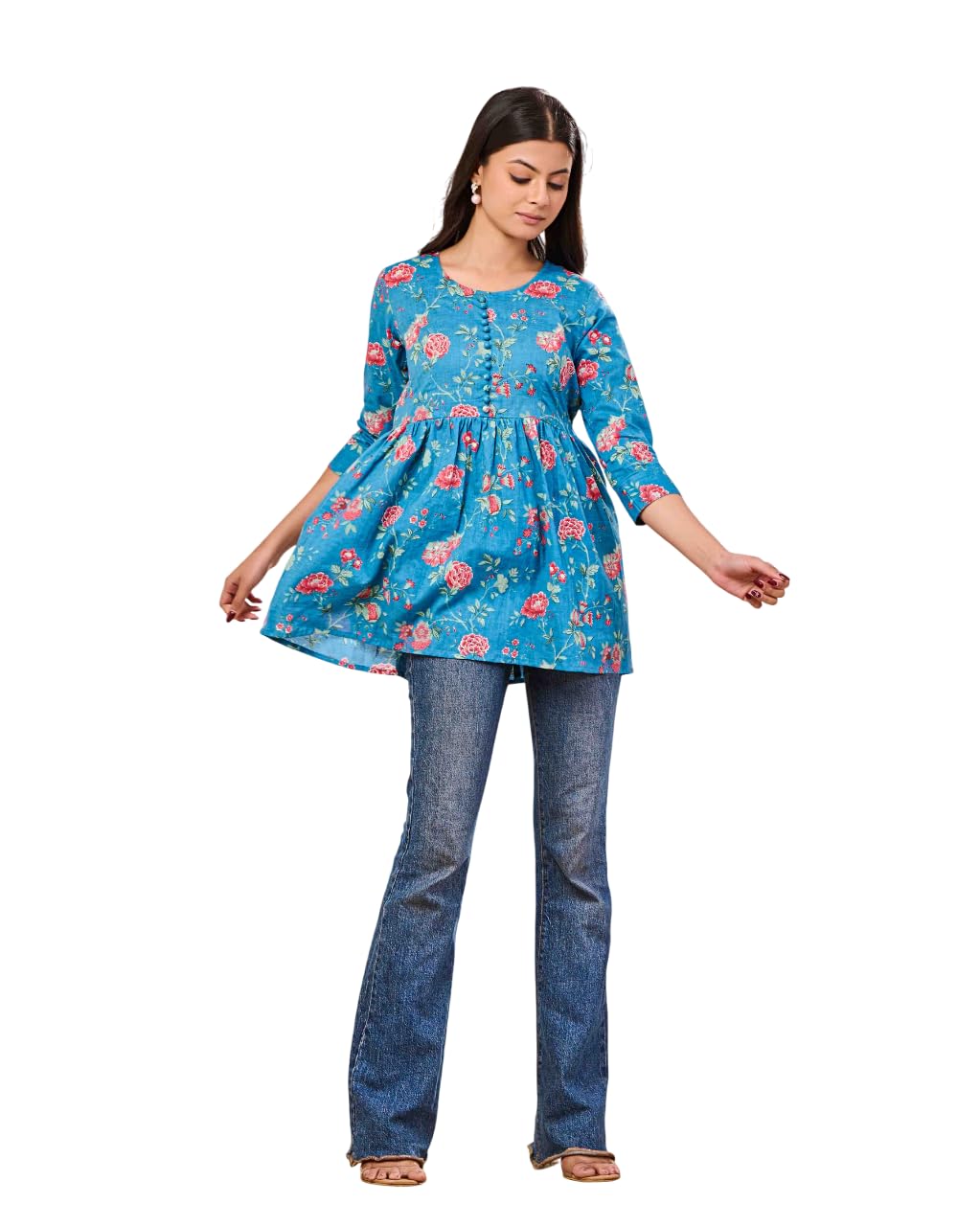 Sky Blue Base Cotton Printed Top - Chic and Comfortable for Everyday Wear-image-24