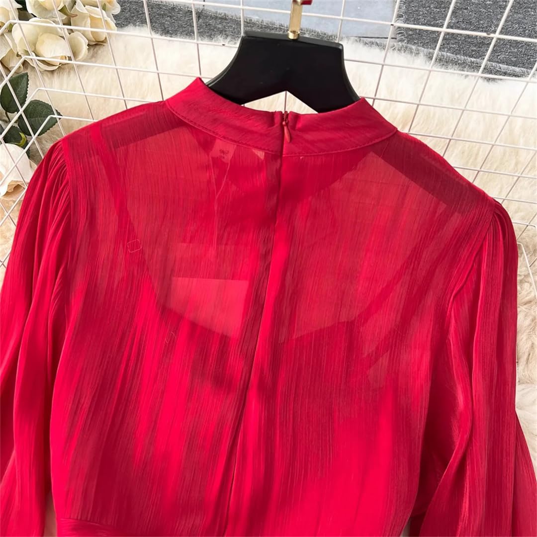 Vsadsau Abito da donna tinta unita plissettato colletto alla coreana manica lunga A-Line Zipper Maxi abiti