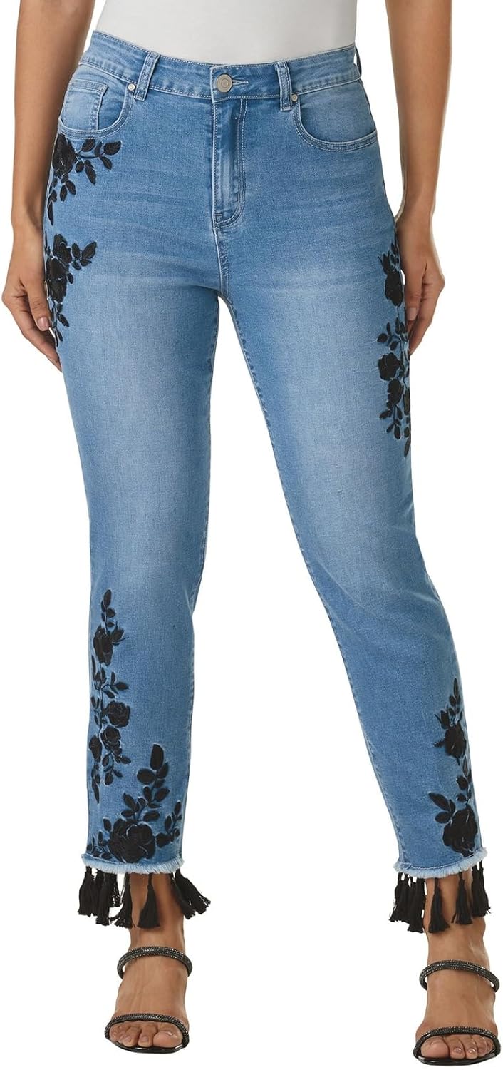 K. Jordan Embroidered Tassel Jean for Women, High Waisted and Straight-Leg Style
