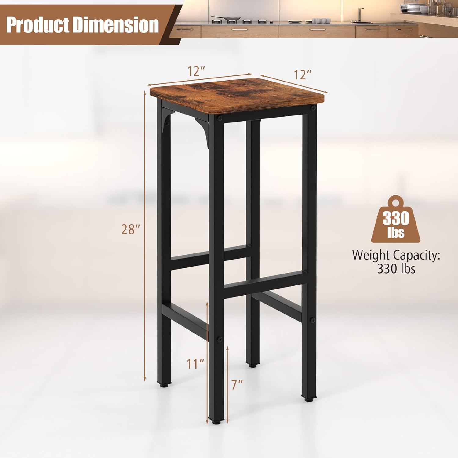 Set of 2 Black and Rustic Brown Adjustable Wood and Metal Bar Stools