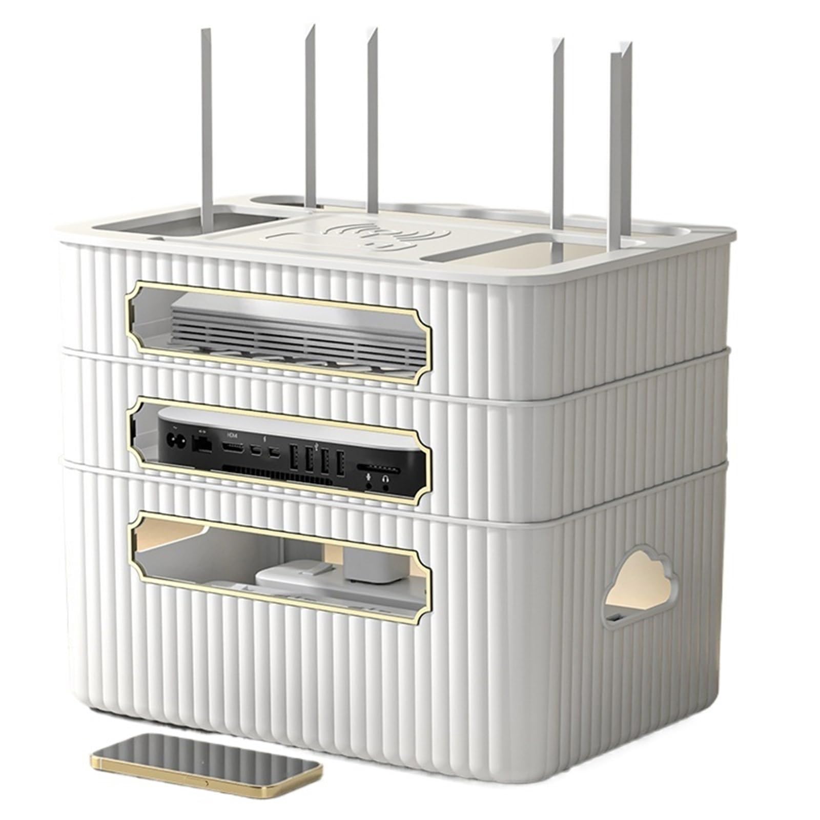 Sqqcreato White Wifi Router Storage Box Wifi Router Storage Box Hider Plug Board Cable Wire Organizer Case Socket Desktop Data Line Shelf(White)