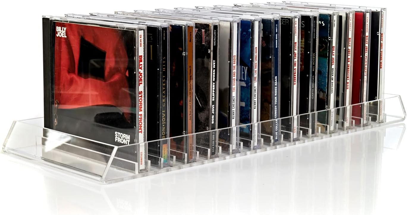 Record-Happy CD Storage Holder Rack Display – Clear Acrylic Compact Disc Organizer Stand Holds 25 Standard CD Jewel Cases