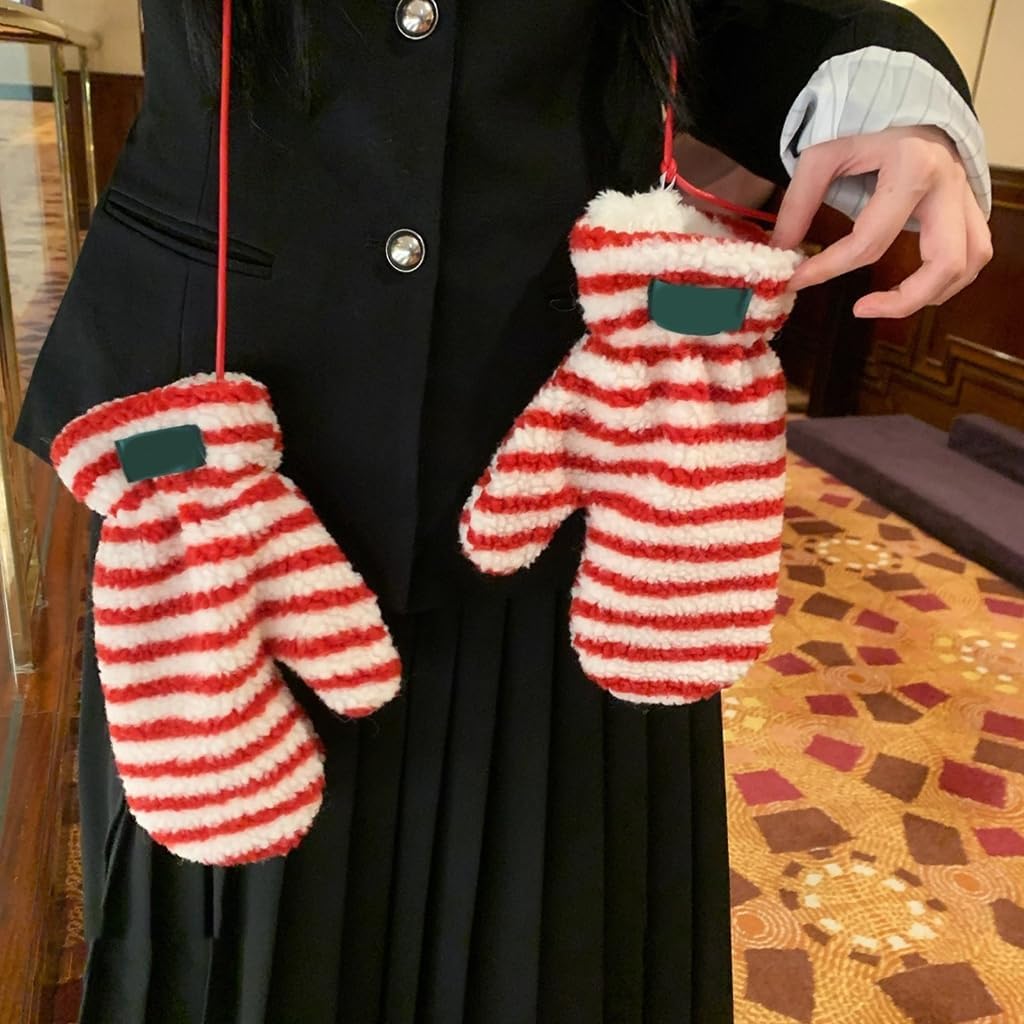 Festives Stripe Plush Gloves with Adjustable Ear Protecting for Winter Outdoor Activity Cold Weather