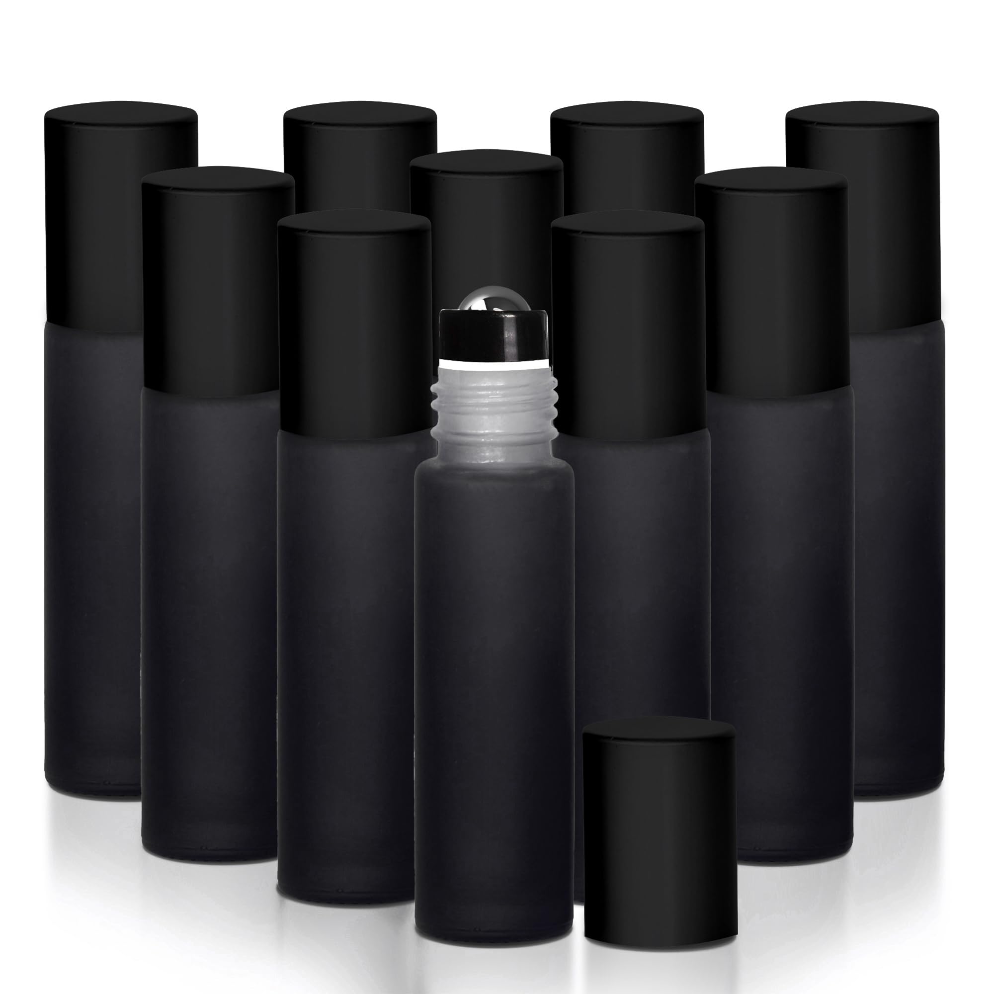 Your Oil Tools Got Oils? 10 Pack, Black Frosted, 10ml Glass Roller Bottles with Stainless Leak Guard Rollers & Black Caps