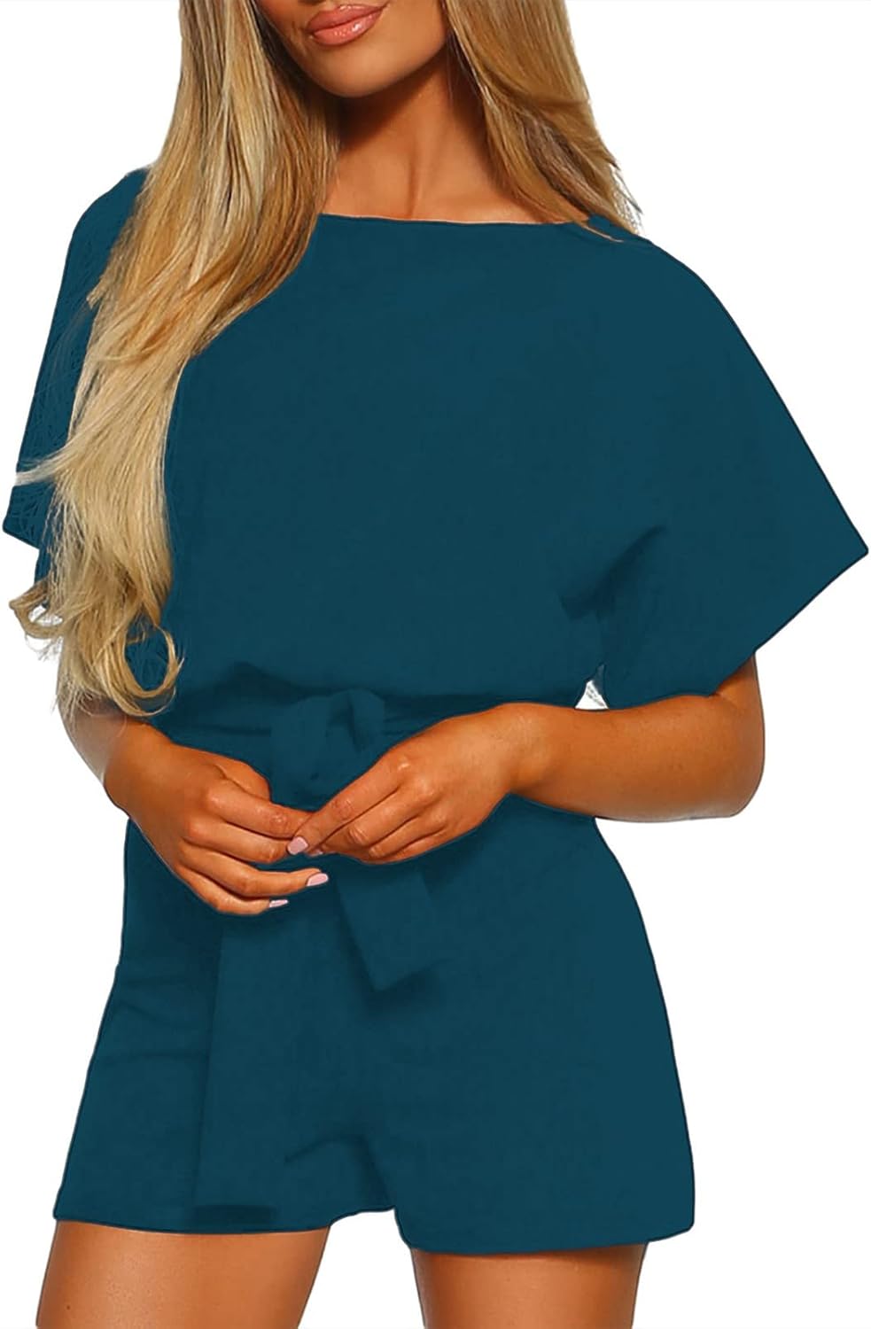 Vetinee Womens Summer Belted Romper Keyhole Back Short Sleeve Jumpsuit Playsuit - Image 3