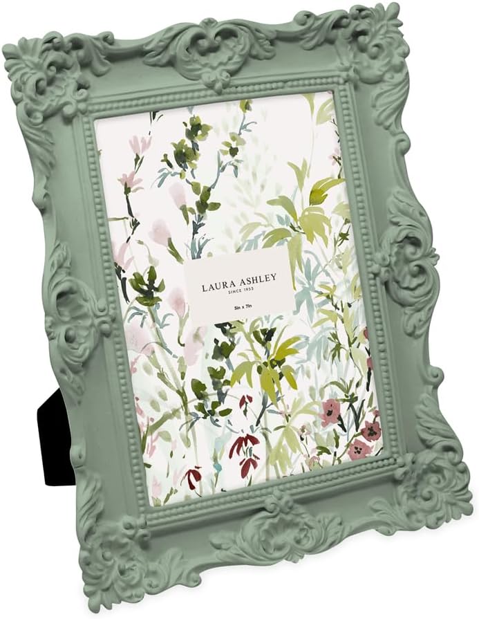 Laura Ashley 8x10 White Ornate Textured Hand-Crafted Resin Picture Frame with Easel & Hook for Tabletop & Wall Display, Decorative Floral Design Home Décor, Photo Gallery, Art, More (8x10, White)