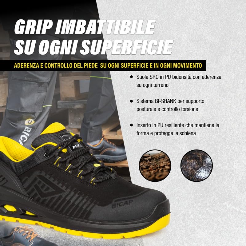 Bicap Aikido S3S - Zapatos de seguridad para hombre y mujer, puntera de aluminio, lámina de cero perforación, suela de poliuretano Bidensity, soporte BI-equilibrado, transpirable, ligero, sector
