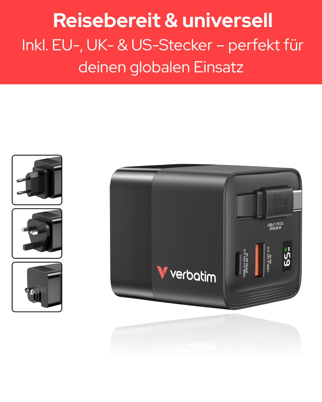 Verbatim GaN Charger 65 W 2-Port USB-C Ladegerät mit ausziehbarem USB-C Kabel, USB-C und USB-A Power Adapter, Schnellladegerät für Apple iPad, iPhone, Samsung & Co, Travel Adapter für EU, UK, USA