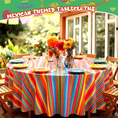 Image of Hahafelt 3 Pcs Mexican Fiesta Plastic Tablecloth 84 Inch Cinco De Mayo Round Disposable Table Cover Colorful Stripe Serape Circular Table Cloth for Mexican Carnival Taco Night Loteria Party Decor