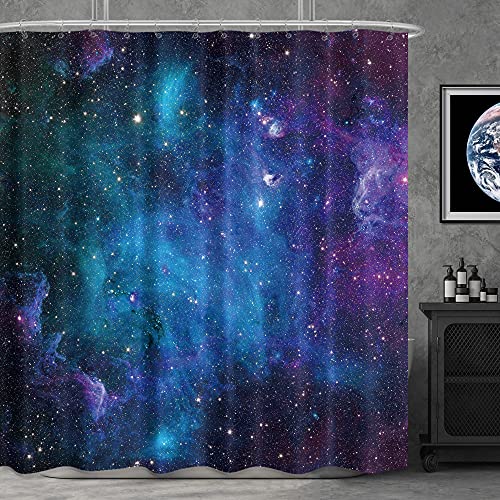 Riyidecor Fabric Galaxy Star Outer Space Shower Curtain for Bathroom Decor 72Wx72H Inch Starry Bathtub Set Men Boys Trippy Nebula Universe Planet Accessories Decor Panel Bathroom 12 Pack Hooks
