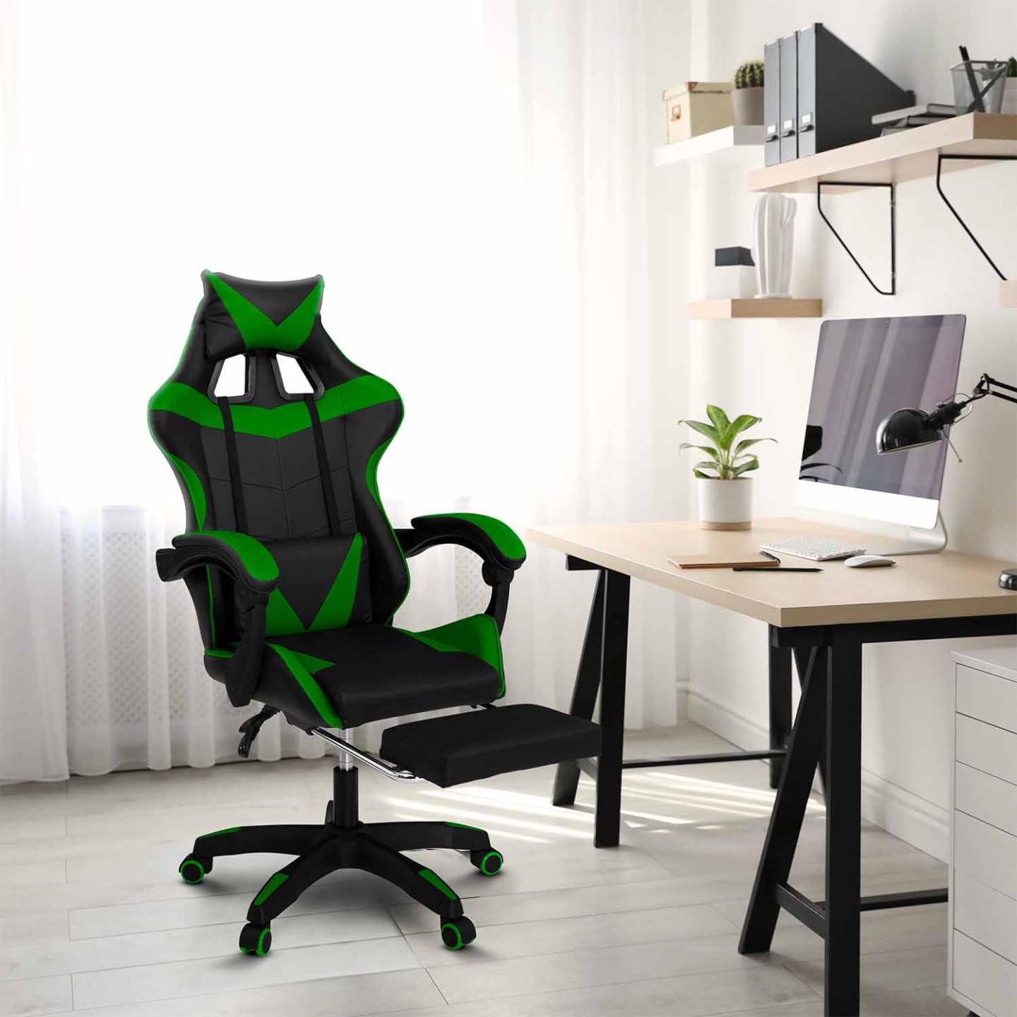 IDMarket Alex - Sillón de juego ajustable con reposapiés, cojín de cabeza y cojín Lumbar, color negro y verde