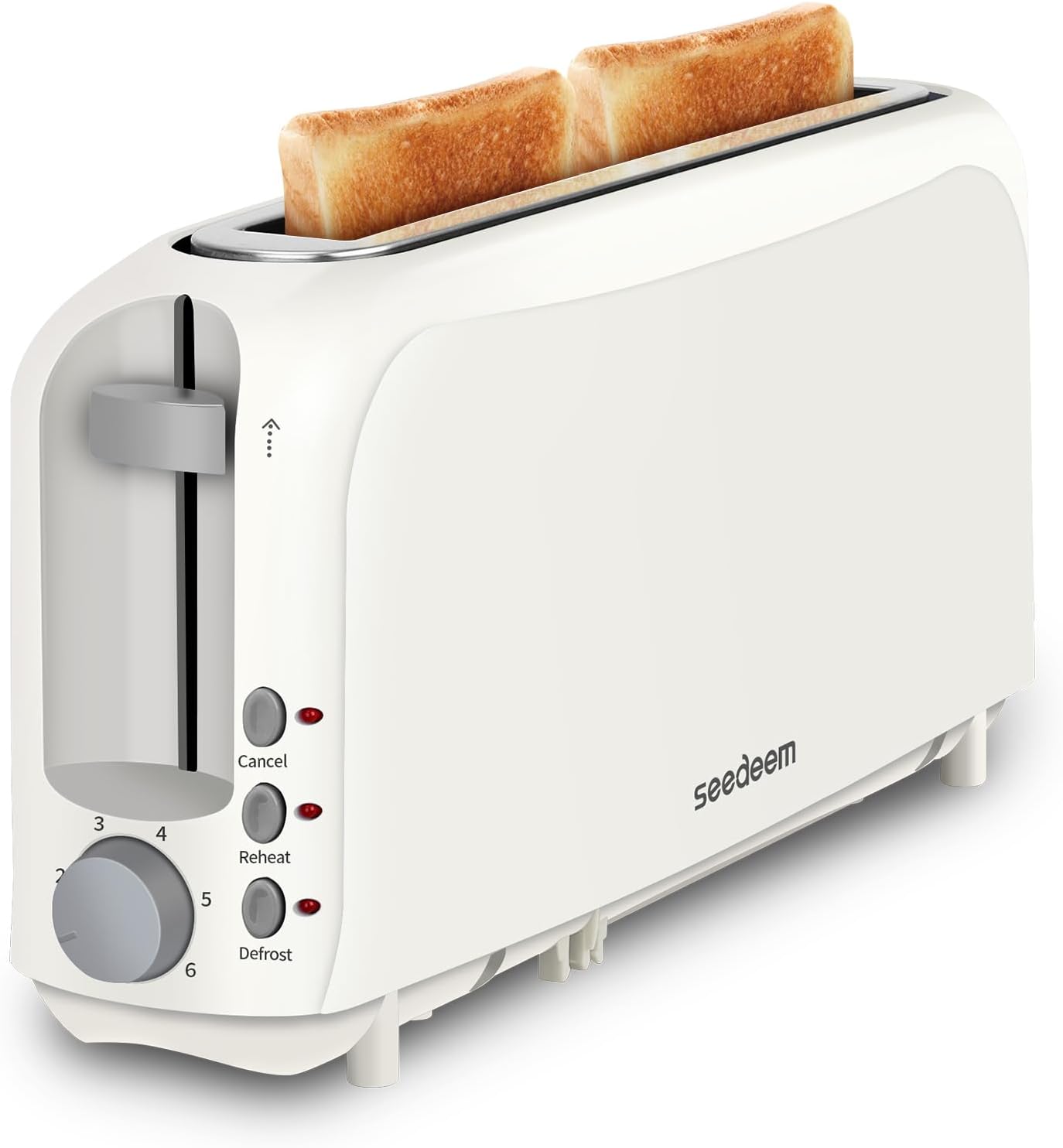 SEEDEEM 2-Slice Slim Toaster, 6 Shade Settings with Cancel, Reheat & Defrost, 10" Long Slot, Auto Shut off, Removable Crumb Tray, White