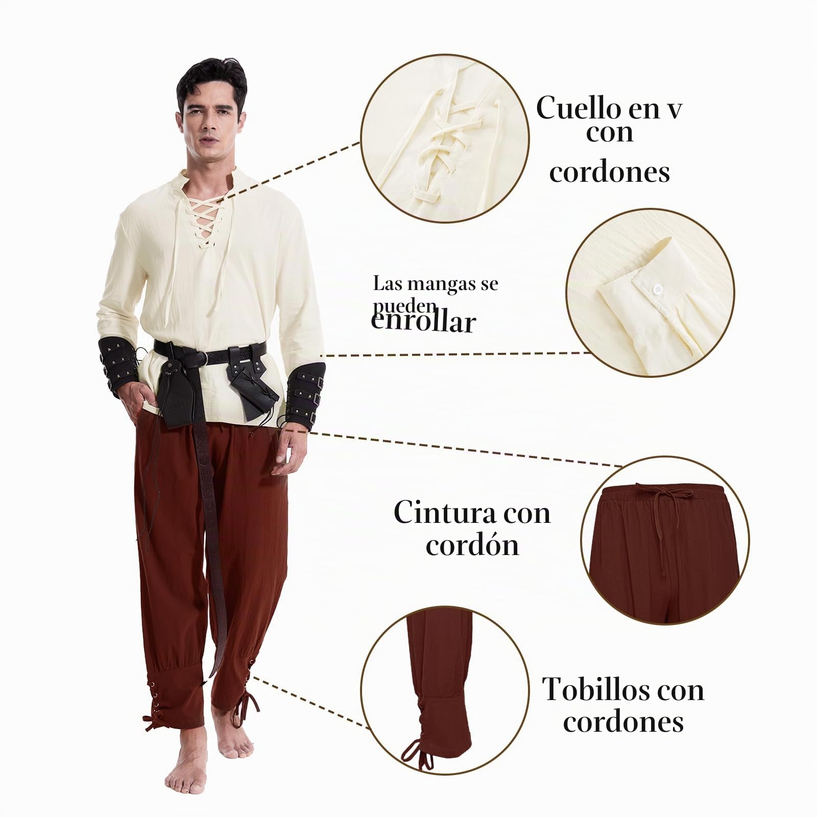 Disfraz medieval renacentista para hombre, disfraz de vikingo, camisa con cordones, pantalones con accesorios, disfraz de Halloween para cosplay, mascarada, magos