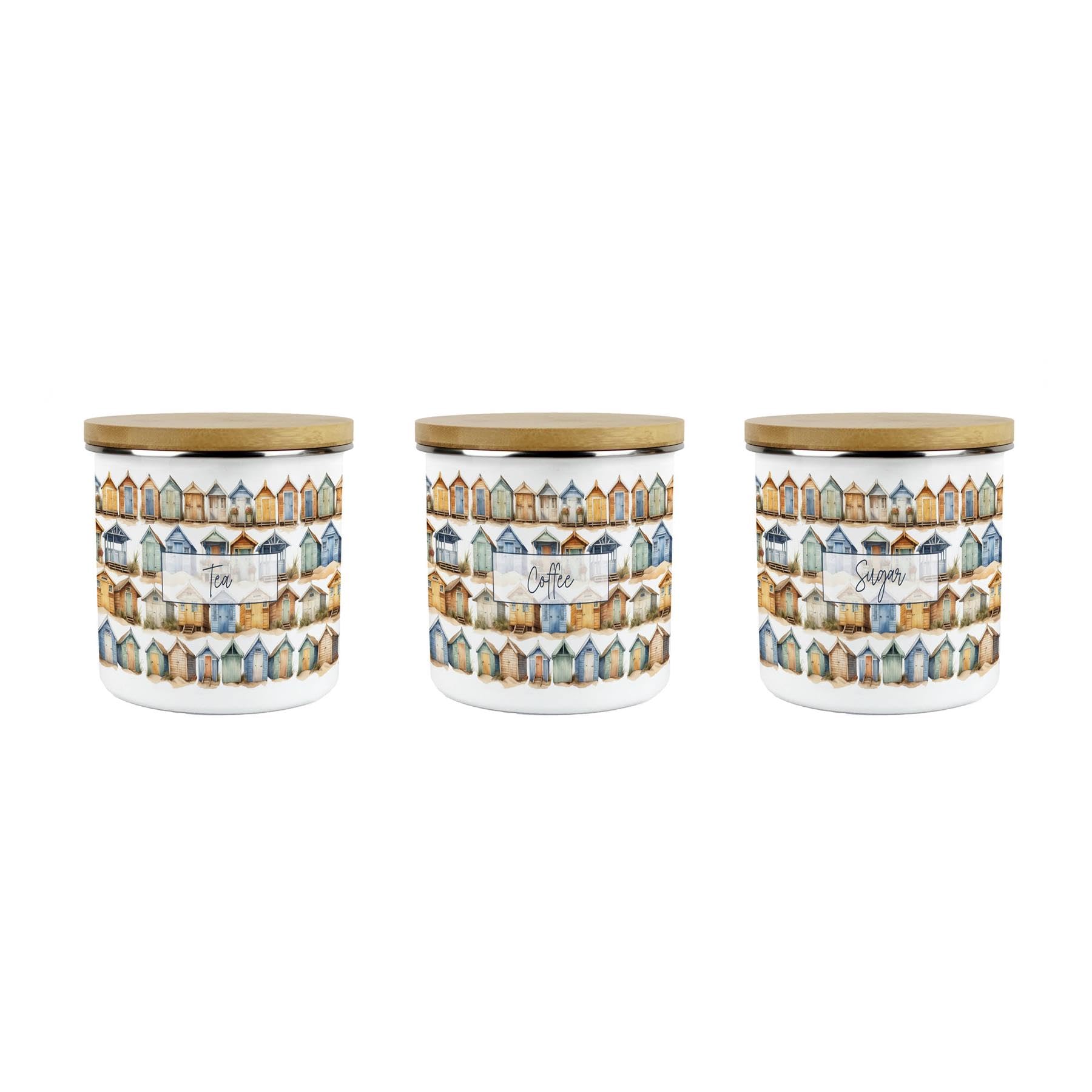 Purely Home Beach Huts Tea Coffee Sugar Storage Canisters Set - Seaside Beach Coastal Gift - Metal Enamel Hot Drinks Storage Containers Set of 3