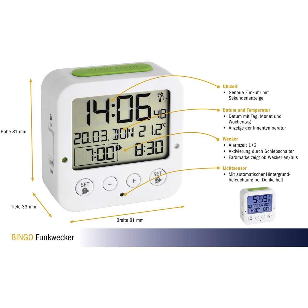 TFA Dostmann Orologio sveglia da comodino radiocontrollato Bingo, 60.2528.02, con fuso orario, due allarmi con suoni differenti, temperatura interna, illuminazione, digitale bianco