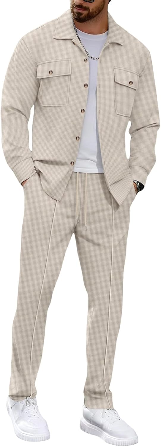 MQUN Mens Sweatsuits 2 Piece Set Jacket Top and Casual Pants Set Fall Fashion Sweatsuits Waffle Plaid Jacquard Outfits