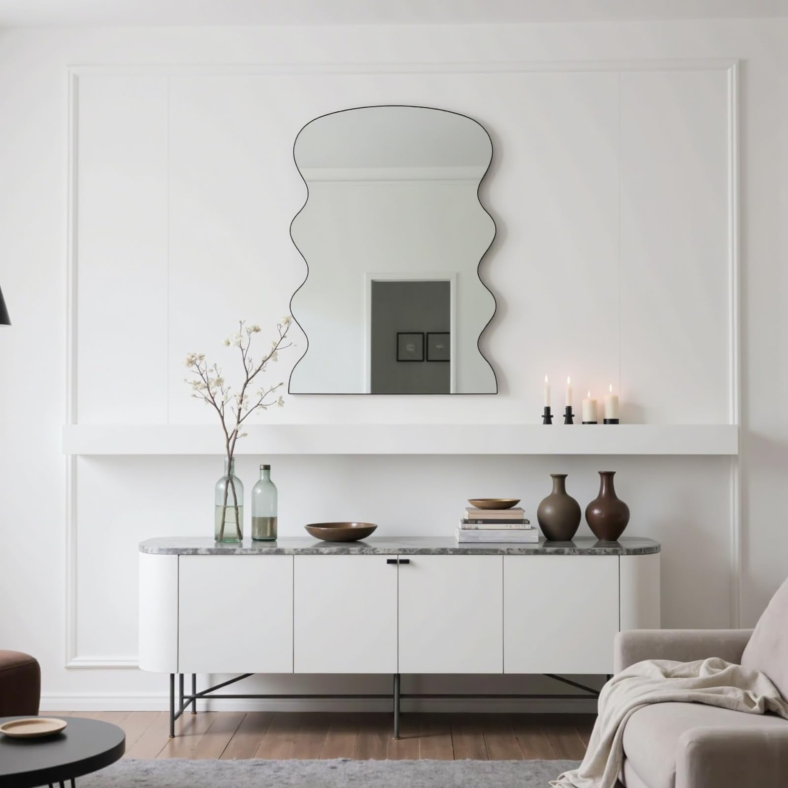 Photo 1 of ***FACTORY SEALED ***Tunjig 20"x28" Rectangle Scalloped Mirror for Bathroom Black Wavy Wall Mounted Metal Framed Mirror Hanging for Bedroom Entryway Living Room Vanity