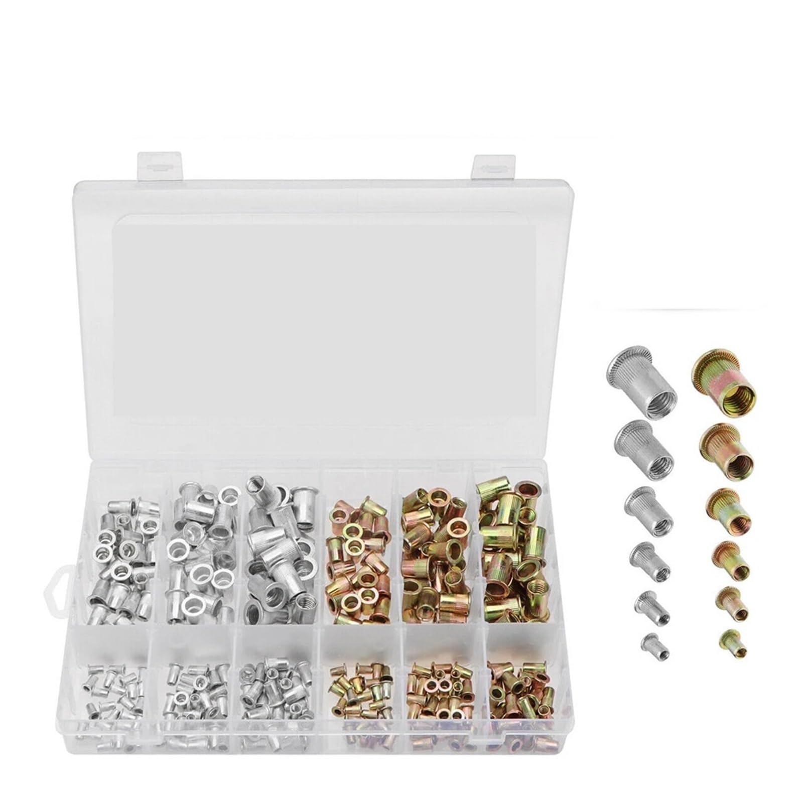 300 Pieces Aluminum Flat Head Nuts + Color Zinc Carbon Steel Rivet Nuts Classification Kit M3 M4 M5 M6 M8 M10 Combination Set