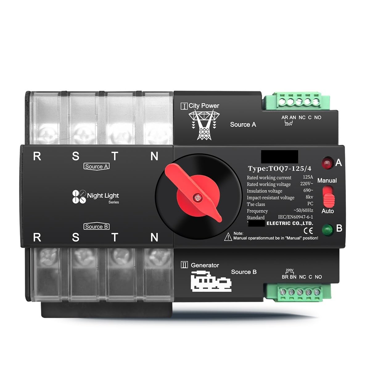Inokai 125A Din Rail 3 Phase Ats 4P 63A 100A 220V 230V Dual Power Automatic Transfer Electrical Selector Switch Uninterrupted(125A)