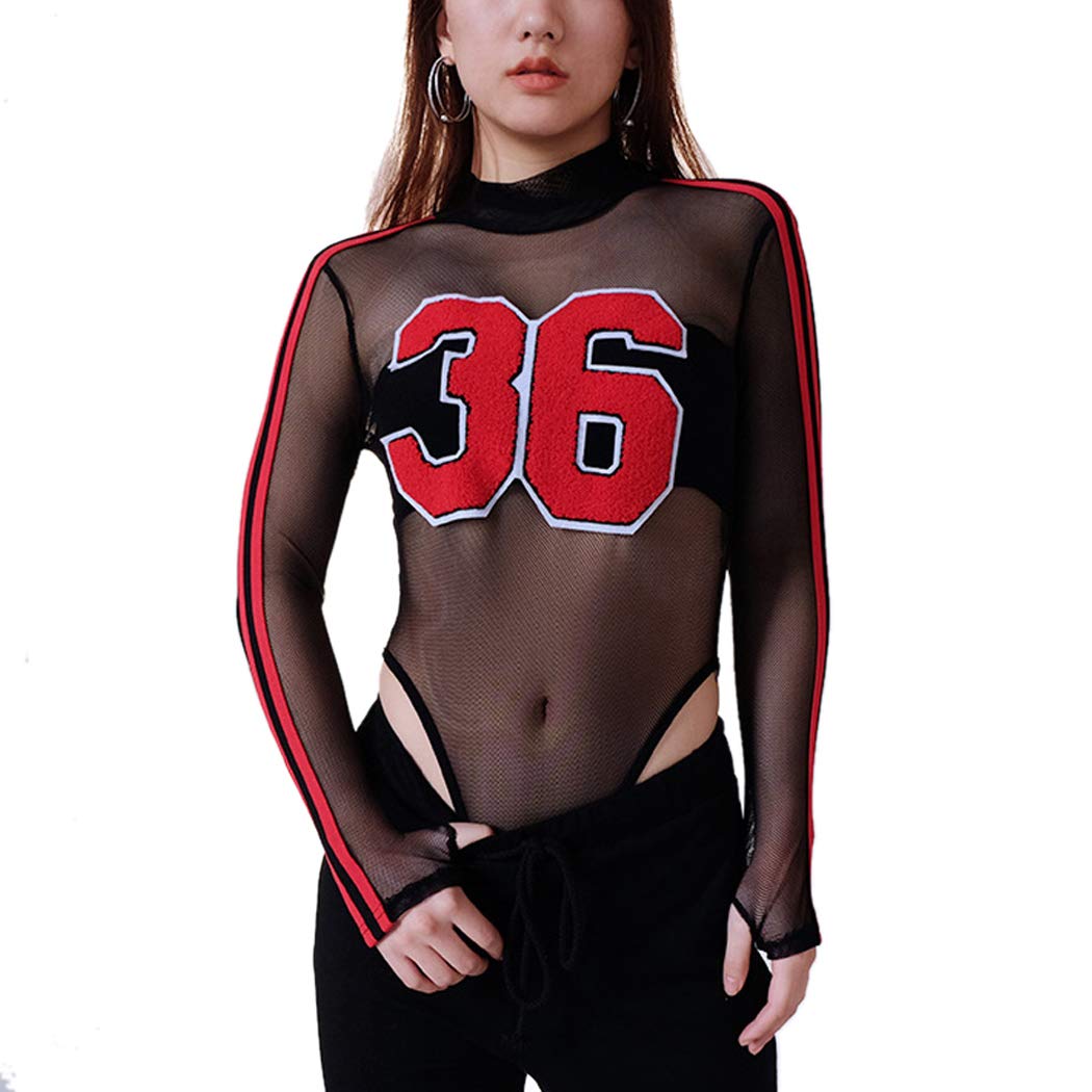 Women's Bodysuit Sexy Stripe See Through Mesh Long Sleeve Jumpsuit Sheer Top (Black&Red_Large_Polyester)-image-16