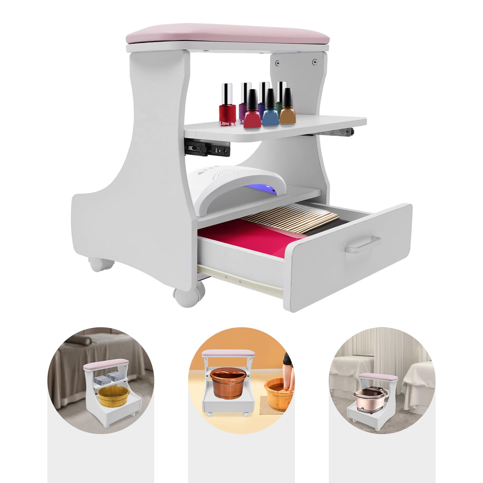 Krzesło do kąpieli stóp z kółkami, do manicure, pedicure i masażu stóp, krzesło do salonu i domu, 4 kółka z hamulcem, nośność 20 kg, do kąpieli stóp i relaksującej pielęgnacji stóp (różowe)