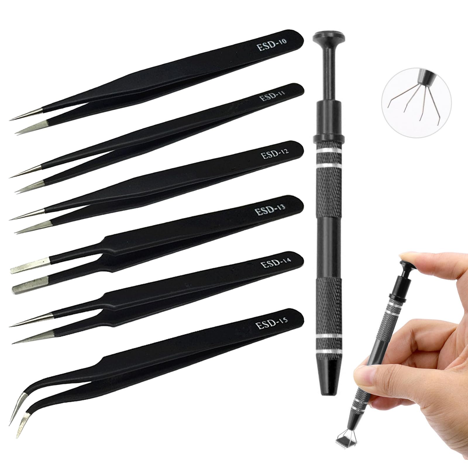 7 Pcs Precision Tweezers Set, ESD Tweezers with Piercing Ball Grabber, Anti-Static Tweezers, Stainless Steel Tweezers for Electronics, Handicraft, Jewellery, Laboratory, Detailed Work, Hobby