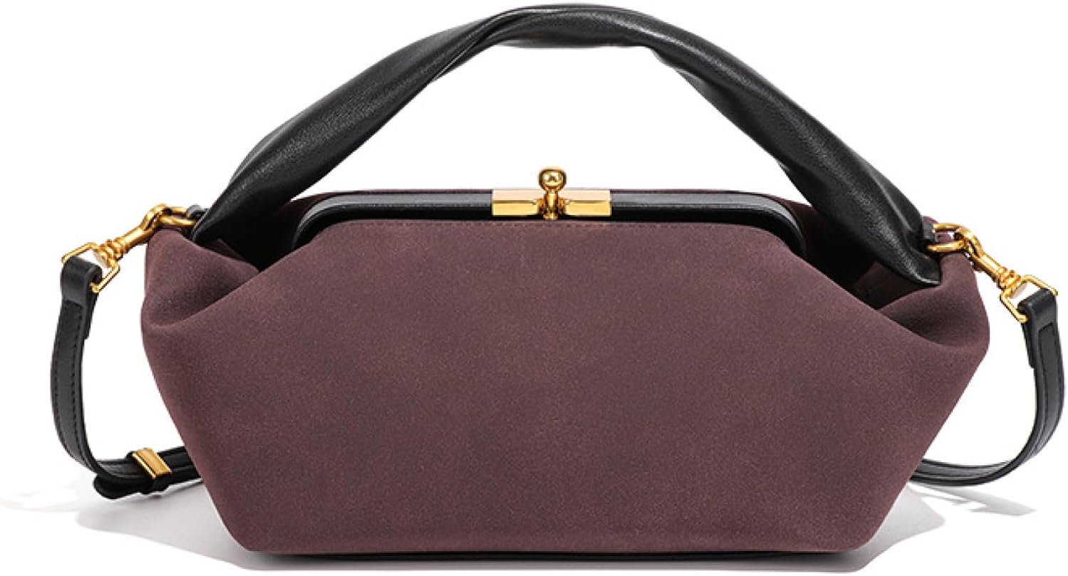 Suede Kiss Lock Shoulder Bag for Women, Vintage Slouchy Hobo Handbag, Soft Faux Suede Satchel with Detachable Strap