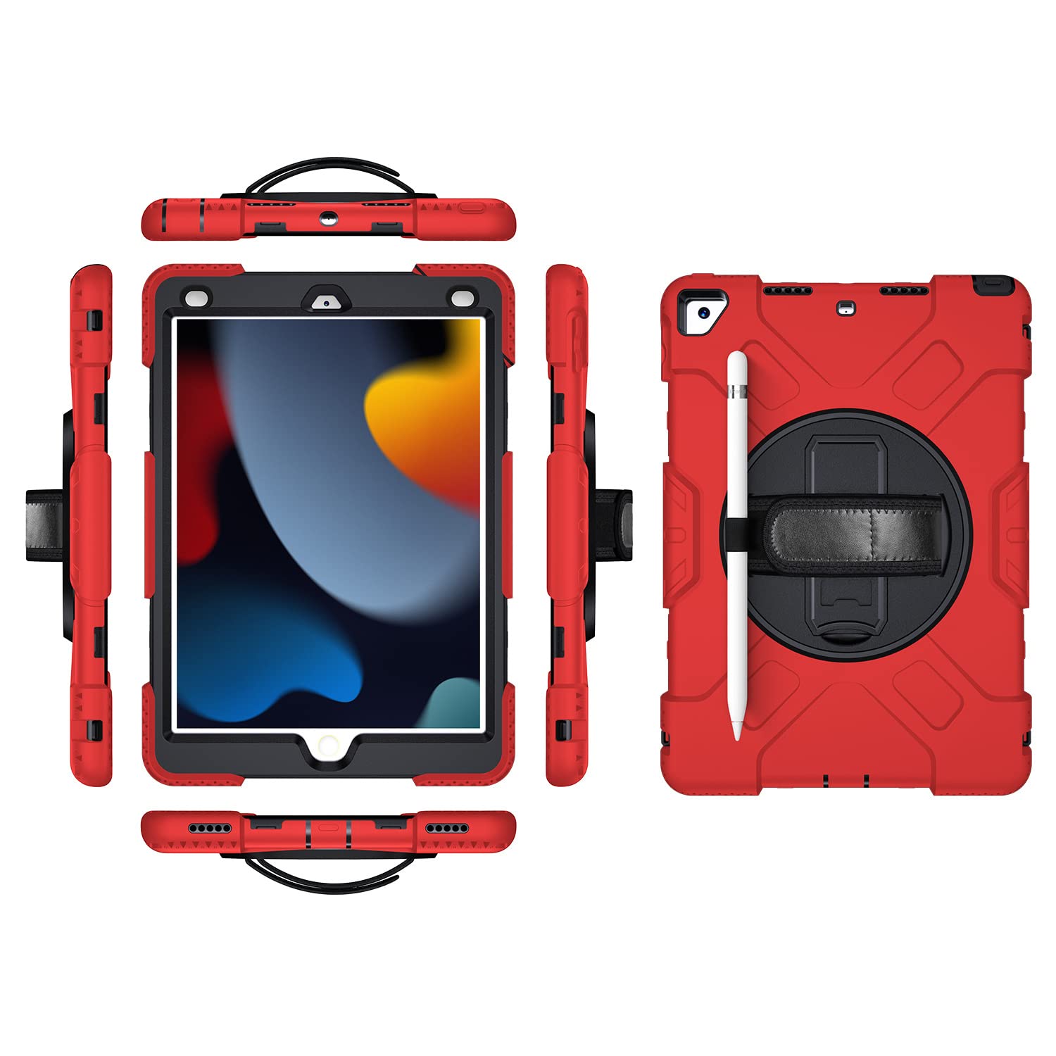 iPad 9.7 2017 2018/Pro9.7/Air2 Generation Case with Screen Protector Pencil Holder Kickstand 360 Rotating Hand Strap Hand Strap Kickstand Robust Protective Case (Red)