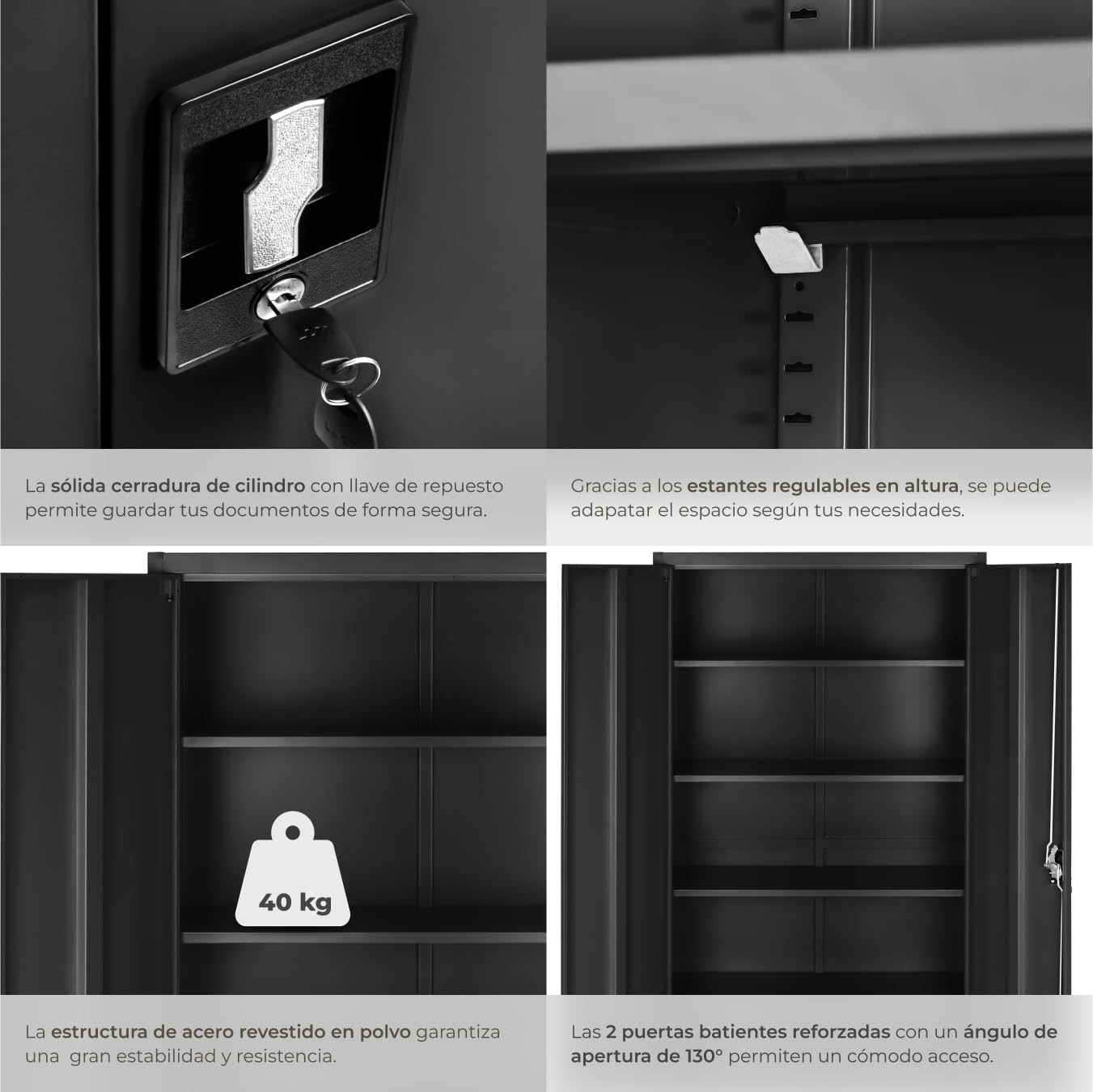 tectake® Armario Archivador Oficina en Acero 180x90x40 cm, Armario Exterior e Interior con Cerradura, Armario Multiusos con 2 Puertas, 4 Estantes Ajustables y 5 Alturas, Fácil Montaje - Negro