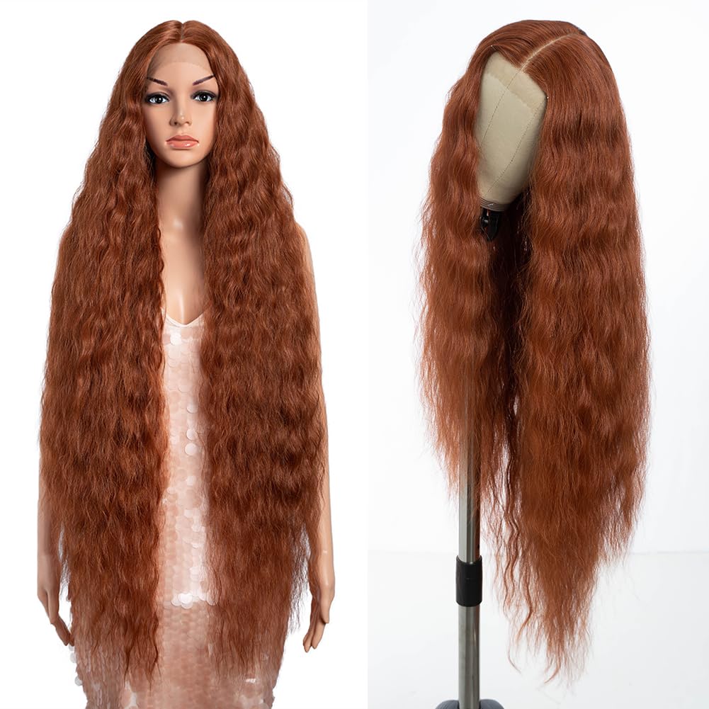 Style Icon Super Long Lace Front Wig 40 Inches Long Curly Wave Wig for Women Reddish brown Super Long Wavy Synthetic Lace Front Wig T Part Lace Wig with Baby Hair Heat Resistant Fiber 150% Density
