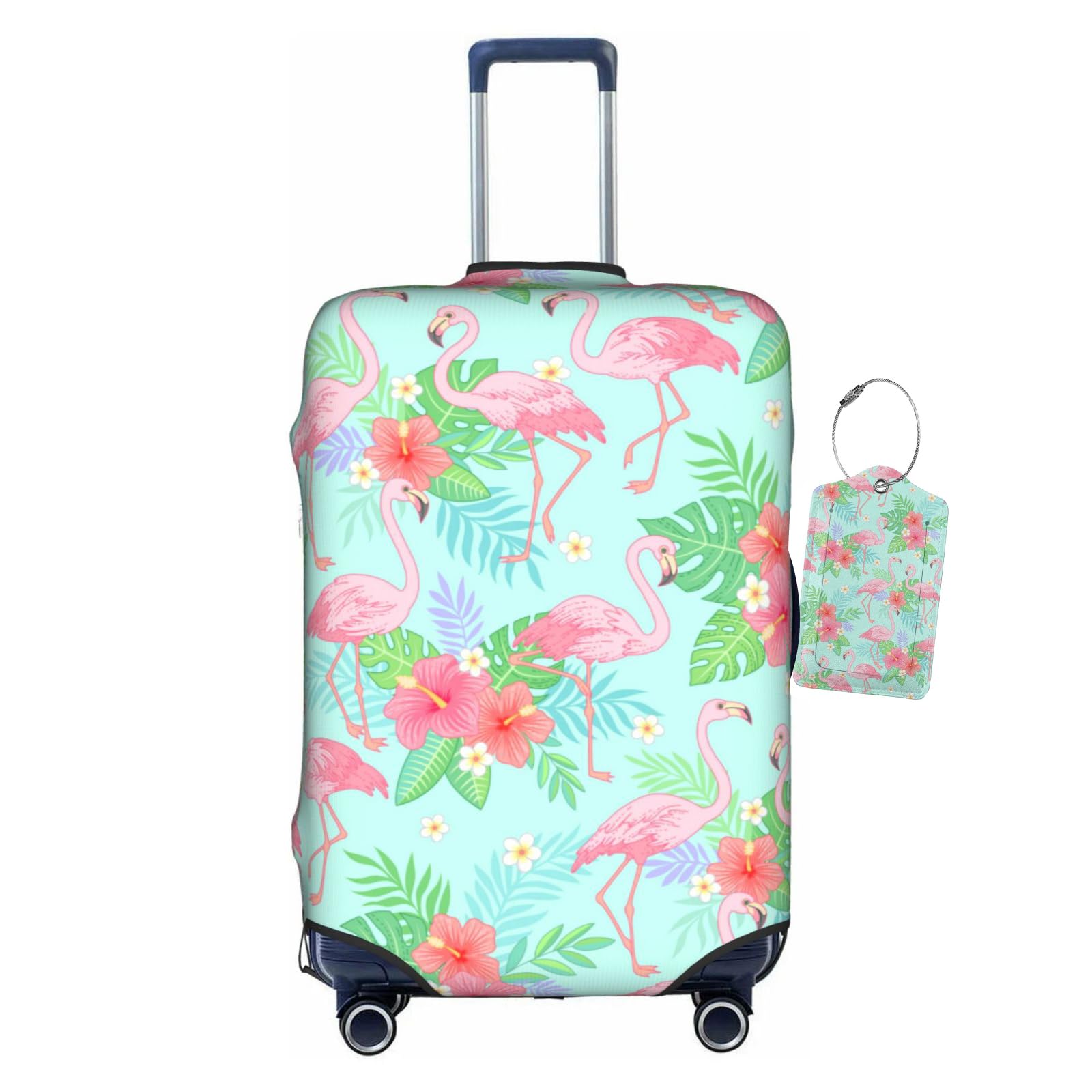 Vridoyt Pink Flamingo Luggage Covers and Tags, Summer Palm Tropical Leaves Luggage, Elastic Washable Fashionable Anti-Scratch Protector, Birthday Gift