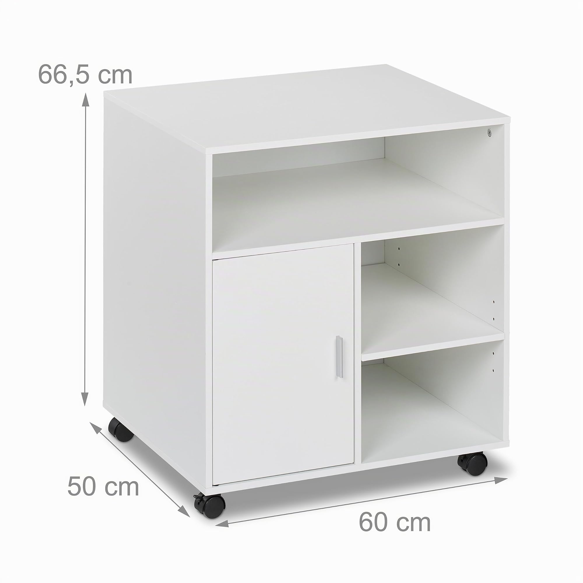 Relaxdays Carrello Porta Stampante, con 5 Scomparti e Anta, Mobiletto con Ruote per Ufficio, HxL: 66,5x60 cm, Bianco