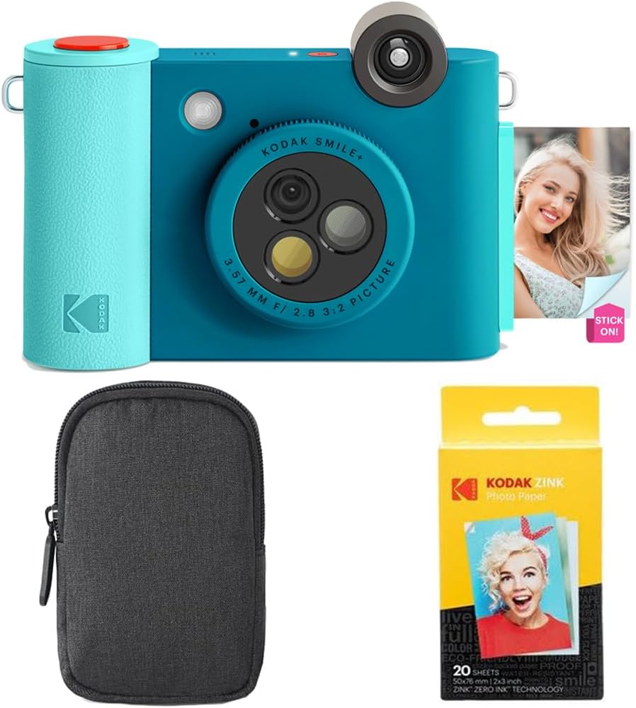 KODAK Smile+ 2-in-1 Digital Instant Print Camera & Wireless Bluetooth Photo Printer Starter Bundle + Carrying Case + Zink 20pk Sticky-Back Photo Paper – 10MP, Special-Effect Rotating Lens – Blue