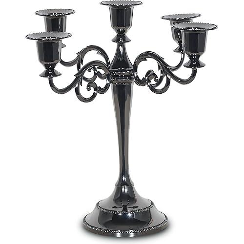 SUJUN 5-Candle Metal Candelabra Candle Holder 10.6 inch Tall Candlestick Holders for Valentine Christmas Home Party Dinning Candle Stand Black