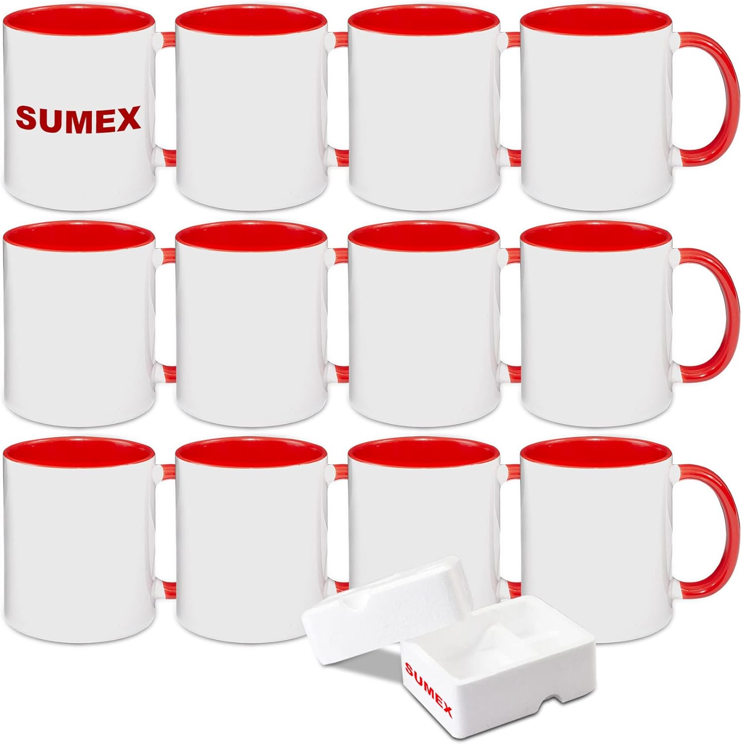 11oz Set of 12 Sublimation Blanks Ceramic Coffee Mugs for Tea, Milk, Latte, Hot Cocoa,Red Inner and Handle