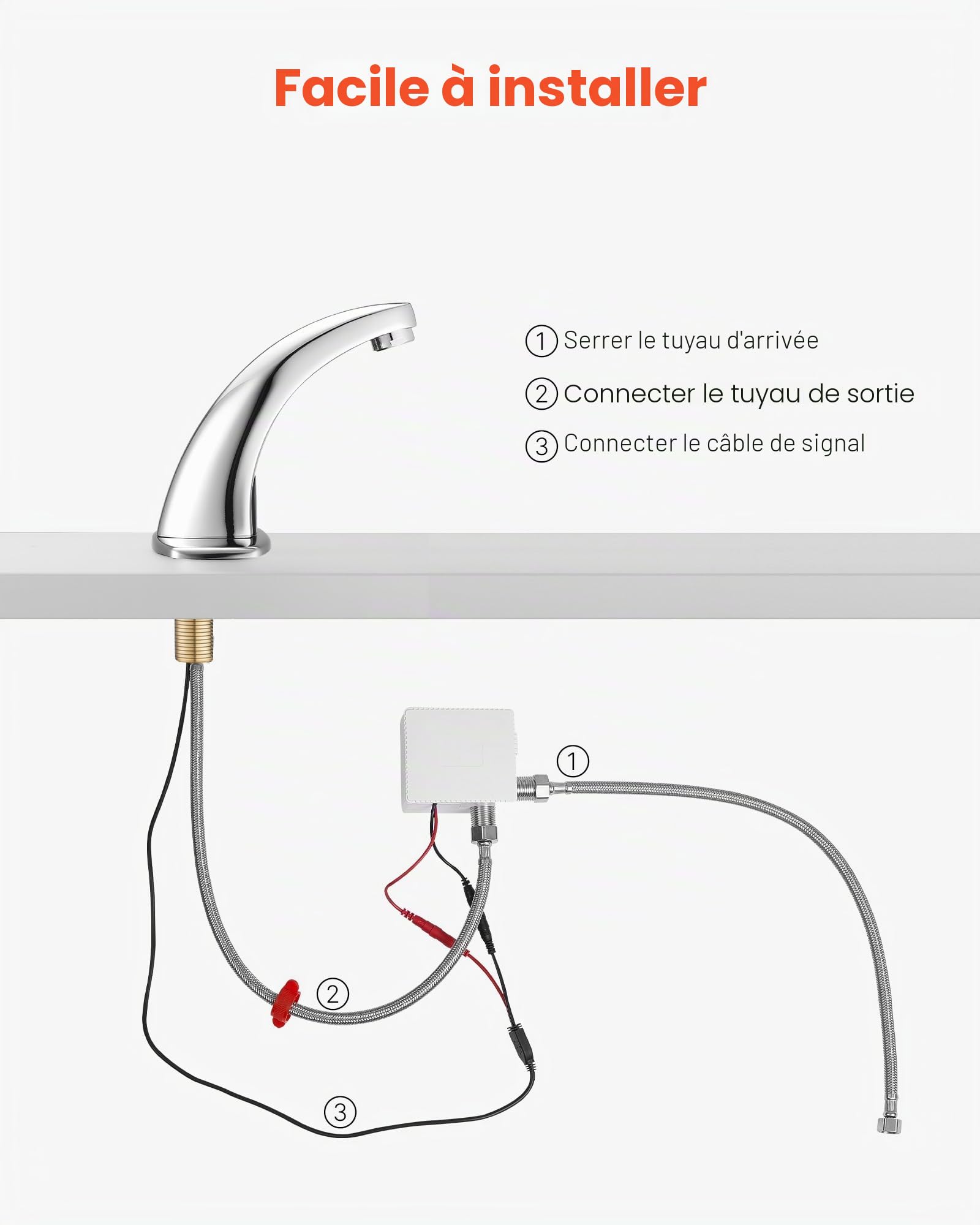 VEVOR Robinet Automatique sans Contact, Mitigeur à Capteur de Mouvement, Eau Froide, avec Plaque de Protection, Fonctionne sur Piles, pour Tuyau de 9,5 mm, Lavabo Évier Cuisine, Chromé Argenté