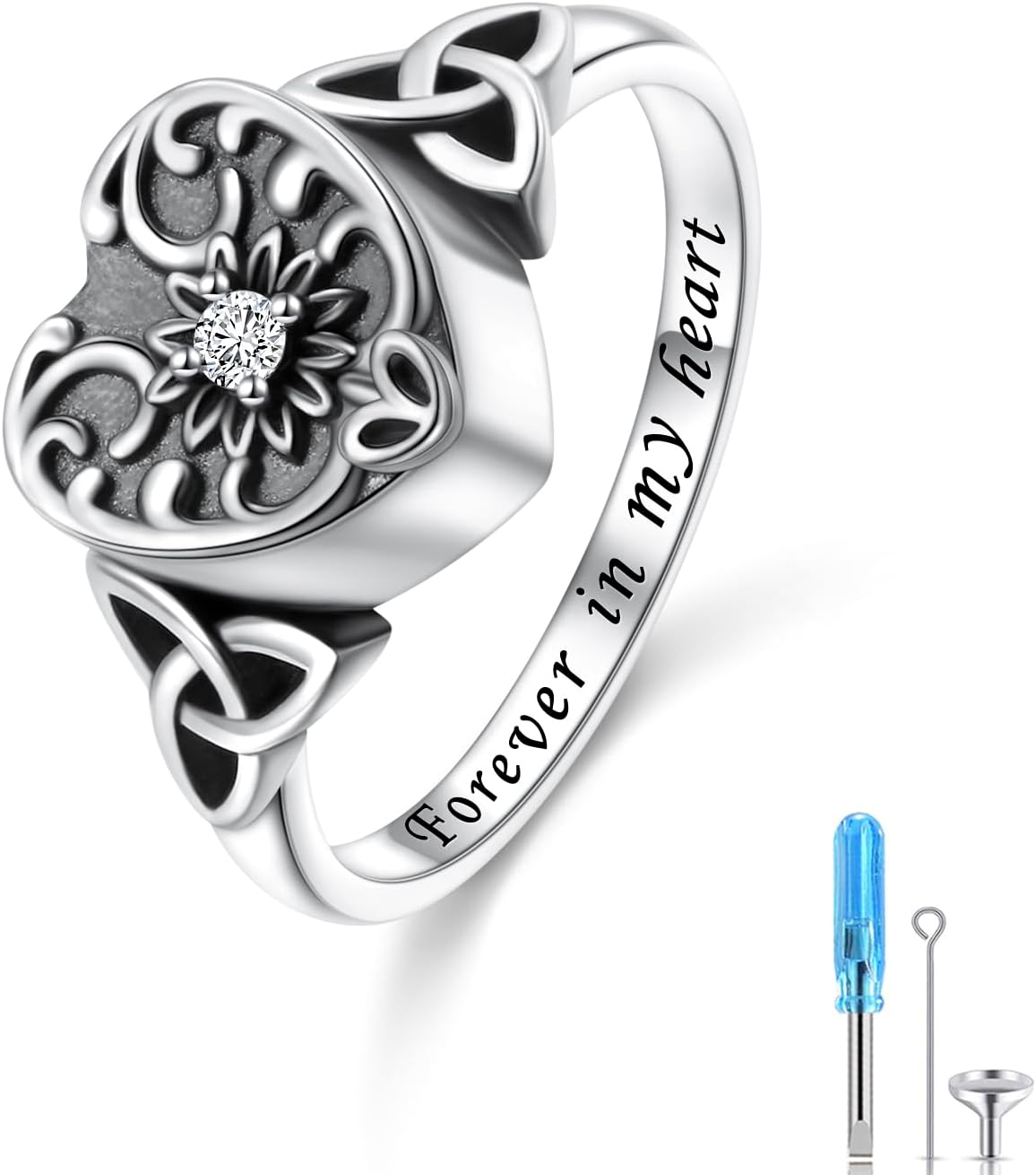 925 Sterling Silver Celtic Knot Heart Urn Ring for Ashes Forever In My Heart Sunflower Cremation Jewelry Gift Memorial Ashes Holder Keepsake for Women