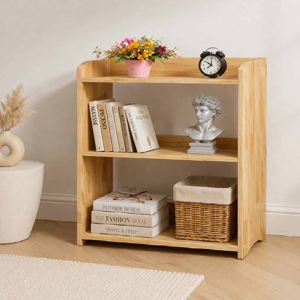 Image of Bookcase by Natural Wood, Wooden 3 Tier Bookshelf, Small Wood Bookcase Storage Shelf, Open Shelf Organizer for Bedroom, Living Room and Office.